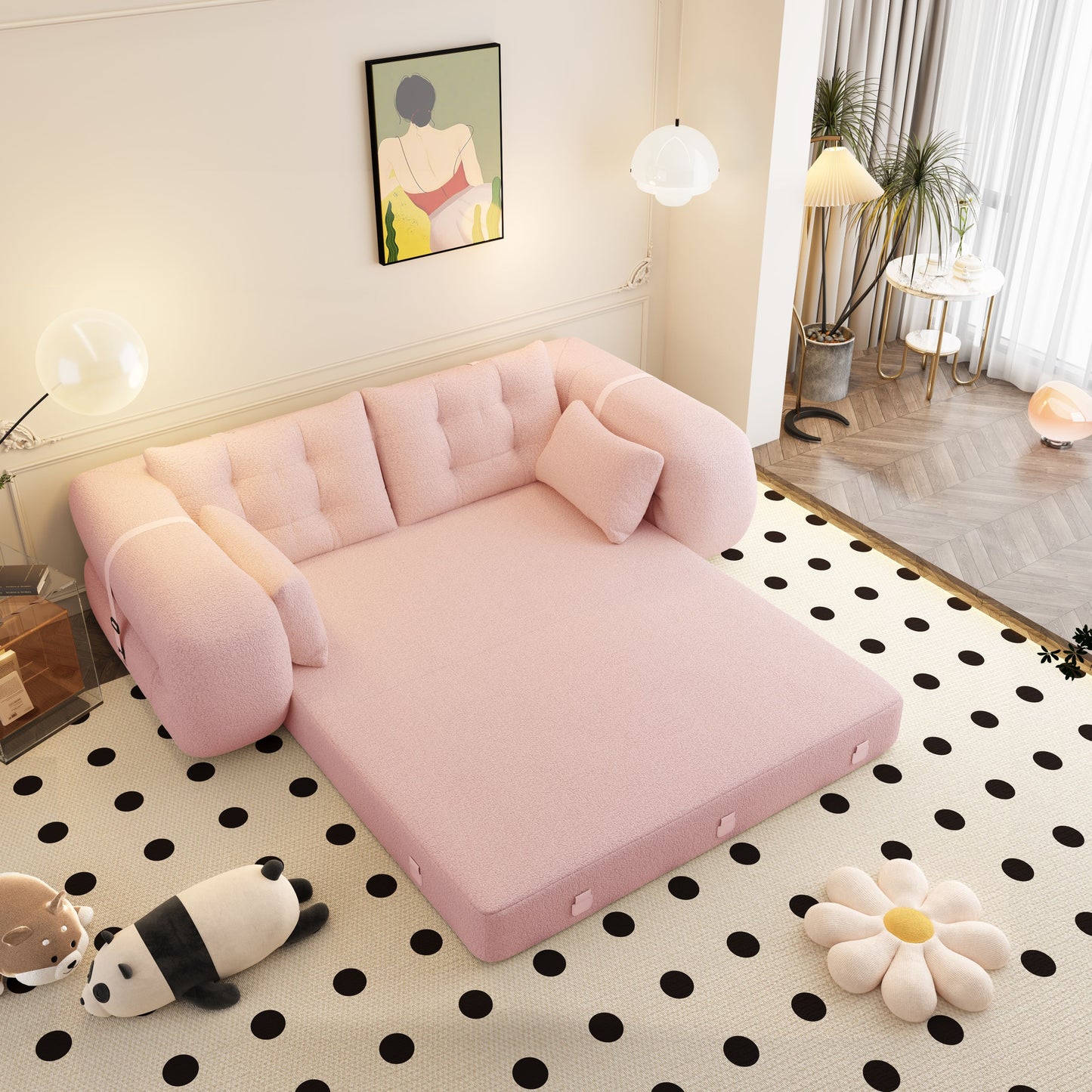 Human Dog Bed, Lazy Sofa Couch, Multifunctional Foldable Sofa Bed, 3 In 1 Teddy Fabric Sleeper Sofa Bed For Living Room Guest Bed, Playroom - Pink