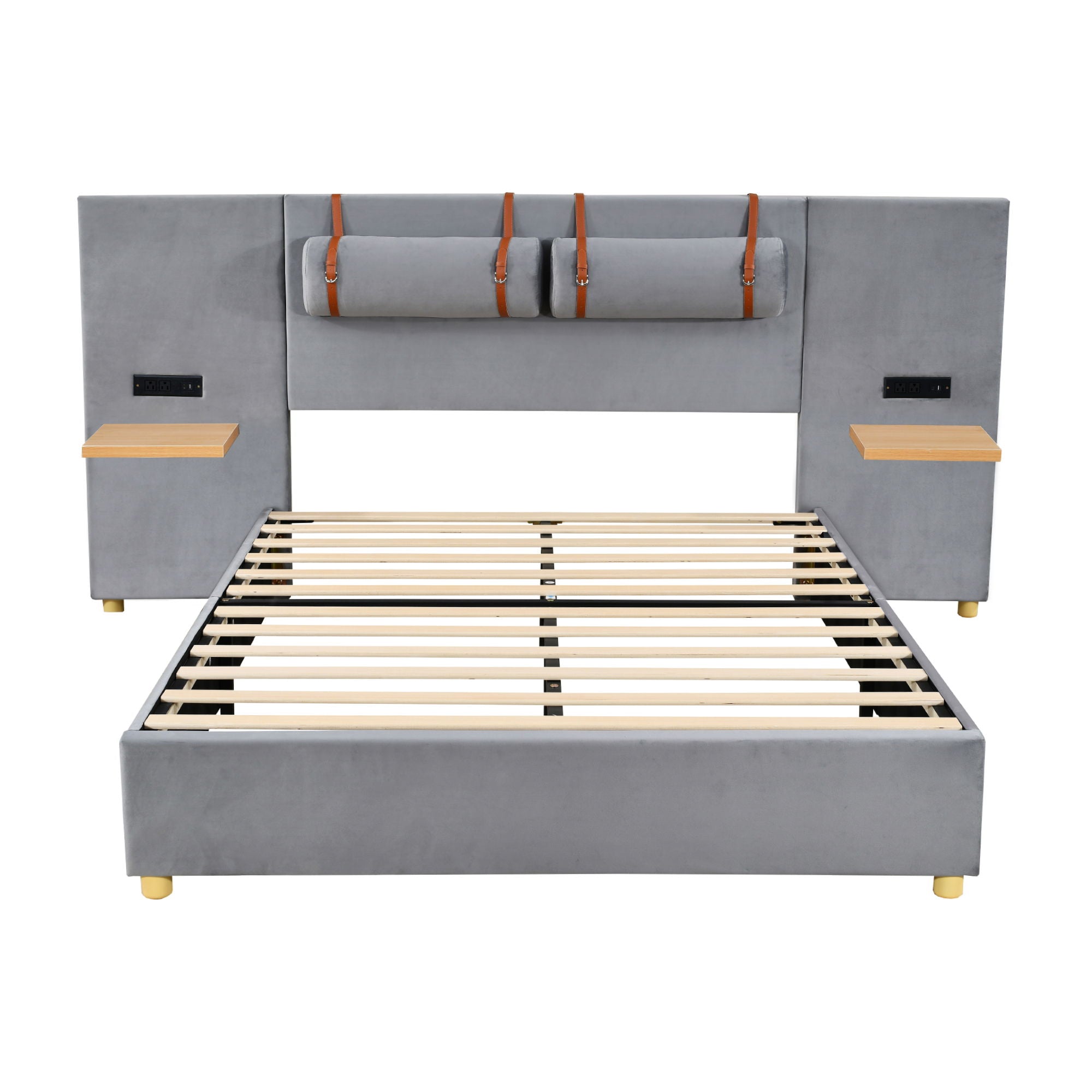 Queen Upholstered Platform Bed, 2 Outlets And USB Charging Ports On Both Sides, 2 Bedside Pillows, Storage Shelves - Gray