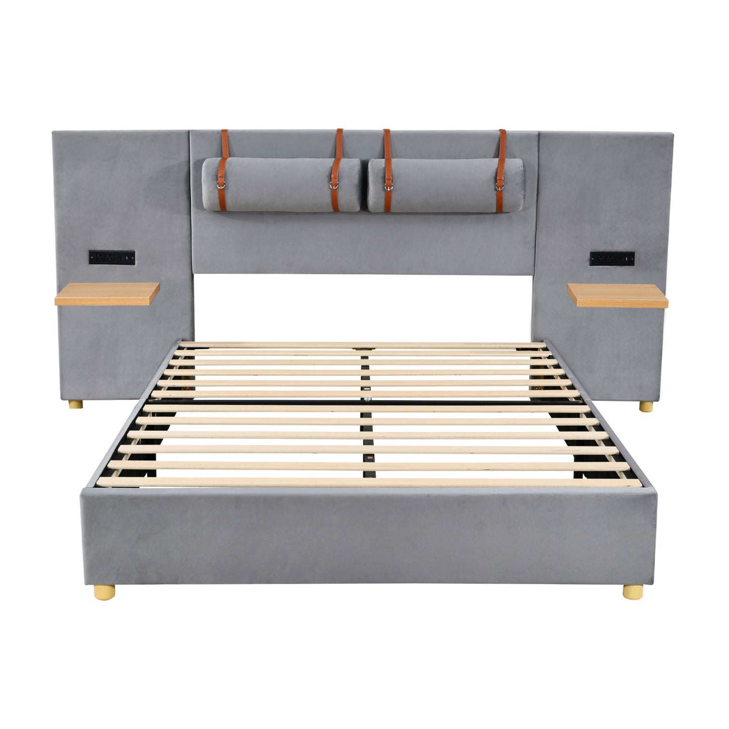 Queen Upholstered Platform Bed, 2 Outlets And USB Charging Ports On Both Sides, 2 Bedside Pillows, Storage Shelves - Gray