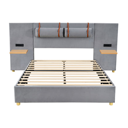 Queen Upholstered Platform Bed, 2 Outlets And USB Charging Ports On Both Sides, 2 Bedside Pillows, Storage Shelves - Gray