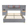 Queen Upholstered Platform Bed, 2 Outlets And USB Charging Ports On Both Sides, 2 Bedside Pillows, Storage Shelves - Gray