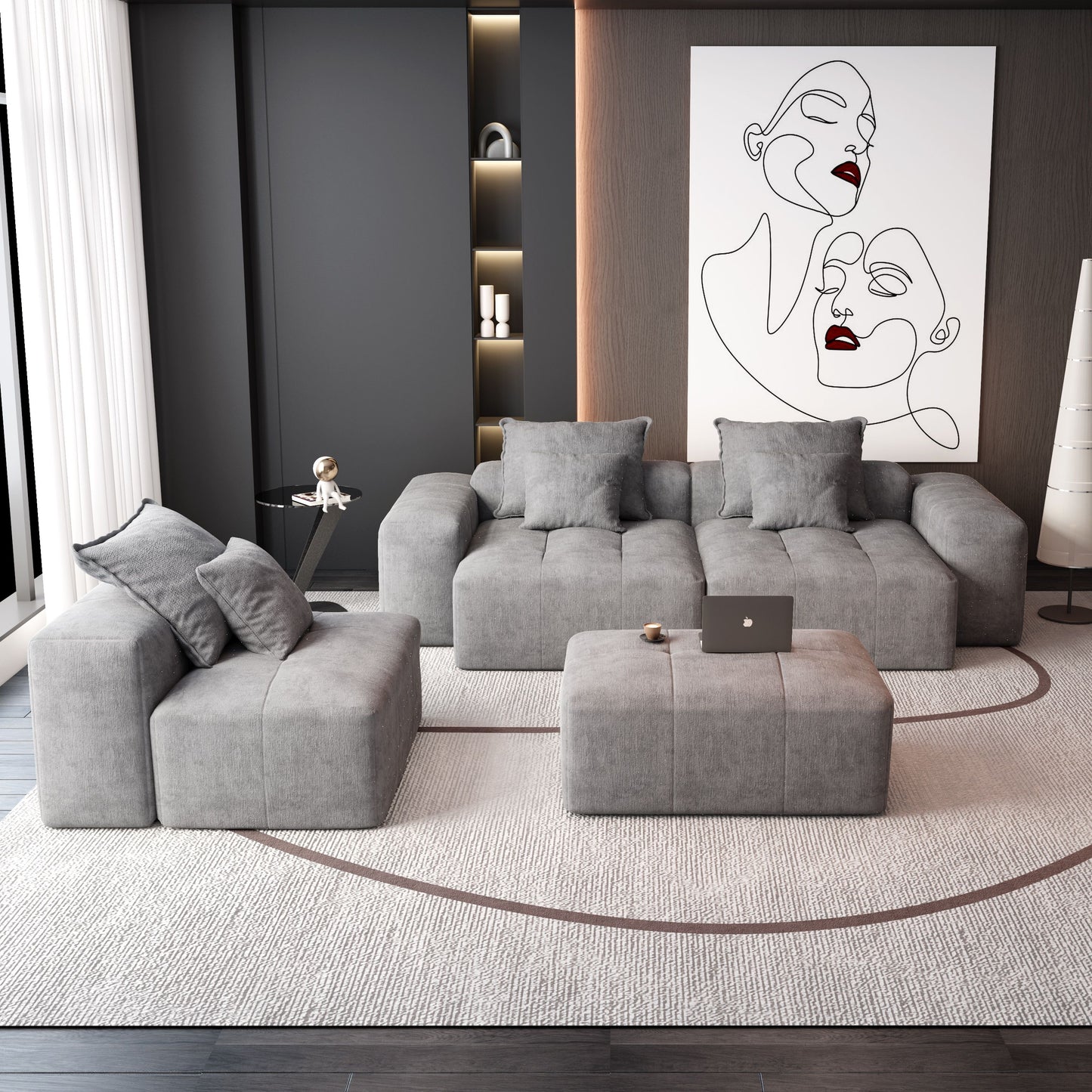 Modern Oversized Modular Sectional Sofa, Sparkling Fabric Soft Cushion Sofa With 6 Pillows, 6 Pieces Diy Combination Tufted Sofa, No Assembly Required - Gray