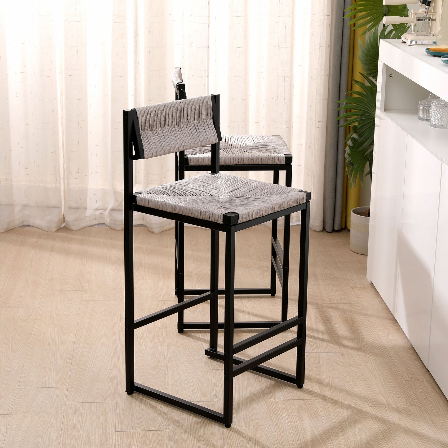 Hand Weave Bar Stools With Back Counter Height Bar Chairs (Set of 2), Paper Rope Woven Dining Stool For Kitchen, Home & Office - Gray