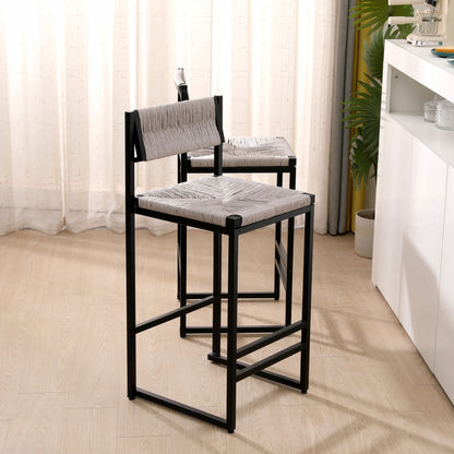 Hand Weave Bar Stools With Back Counter Height Bar Chairs (Set of 2), Paper Rope Woven Dining Stool For Kitchen, Home & Office - Gray