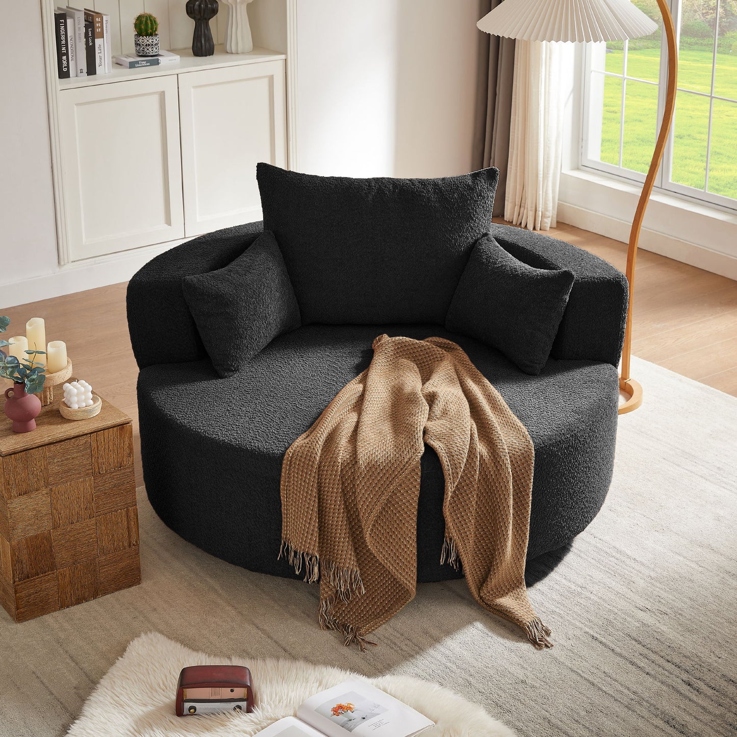 360 Degree Swivel Accent Barrel Chair With Removable Pillows - Black
