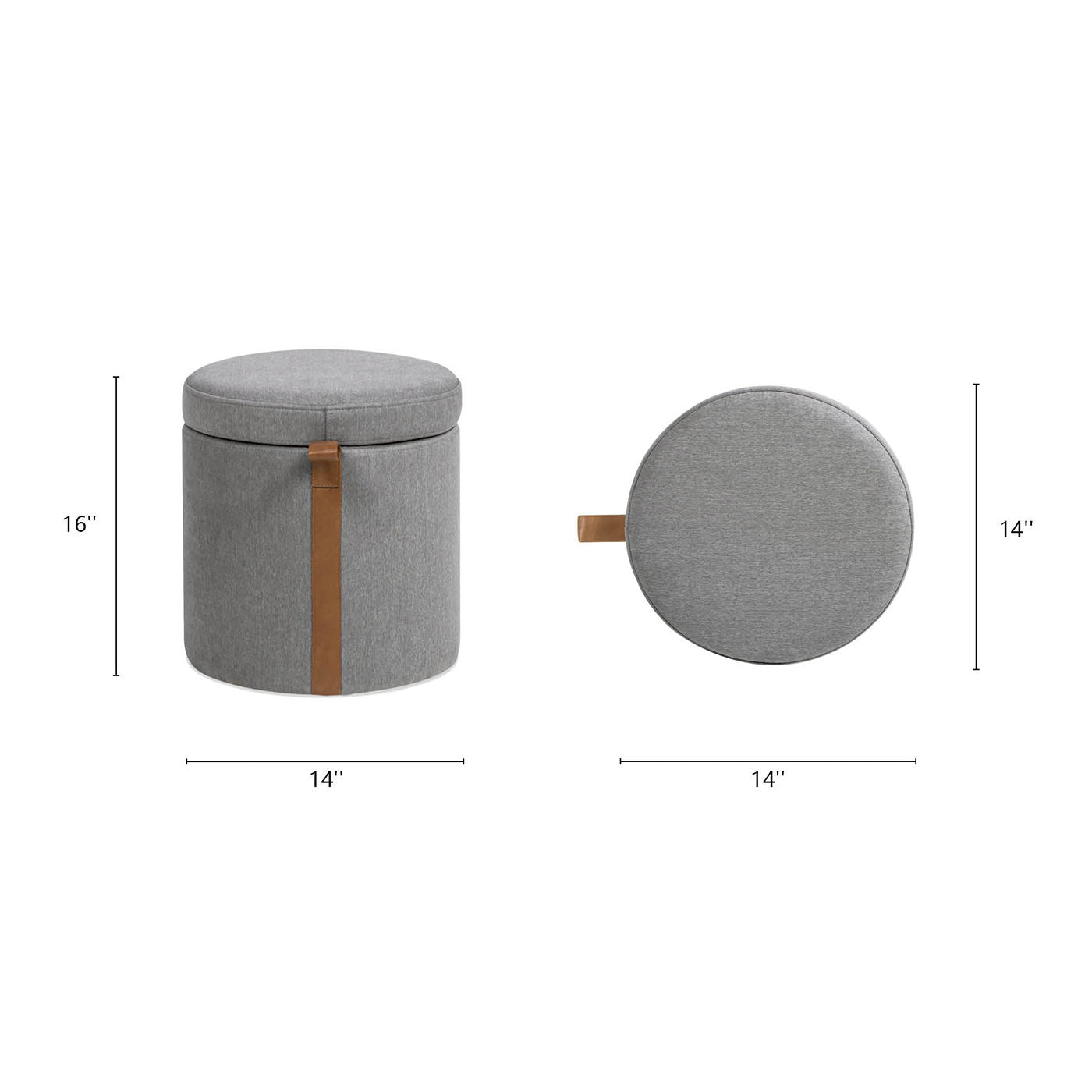 Brandy - Round Upholstered Storage Ottoman With Leather Accent - Gray
