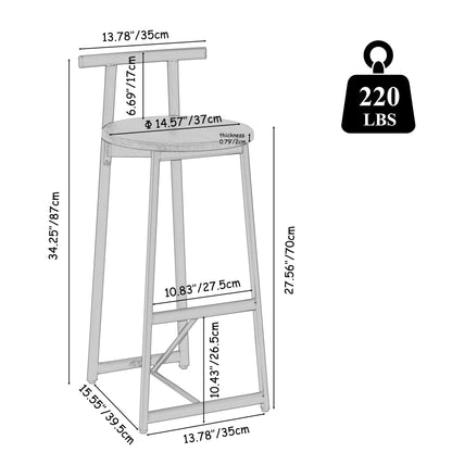Modern Bar Stools With Backrest For Kitchen Island Or Pub Room, Metal Frame (Set of 3) - Black / White