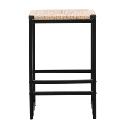 Boho Style Backless Bar Stools (Set of 2) With Paper Rope Woven Seat & Metal Frame For Kitchen Counter - Natural