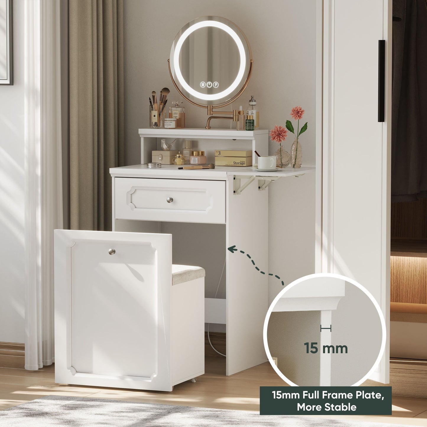 Makeup Vanity Desk With Round Mirror And Lights, 2 In 1 Nightstand, Dressing Table With A Chair - Antique White