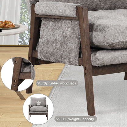 Mid-Century Modern Velvet Accent Chair, Leisure Chair With Solid Wood And Thick Seat Cushion For Living Room, Bedroom, Studio - Gray