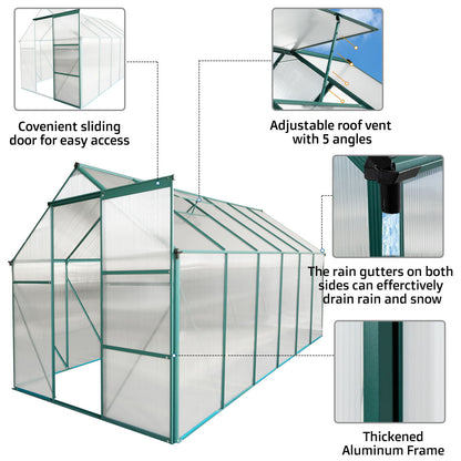 6X12 Ft Polycarbonate Greenhouse Raised Base And Anchor Aluminum Heavy Duty Walk-In Greenhouses For Outdoor Backyard In All Season - Green