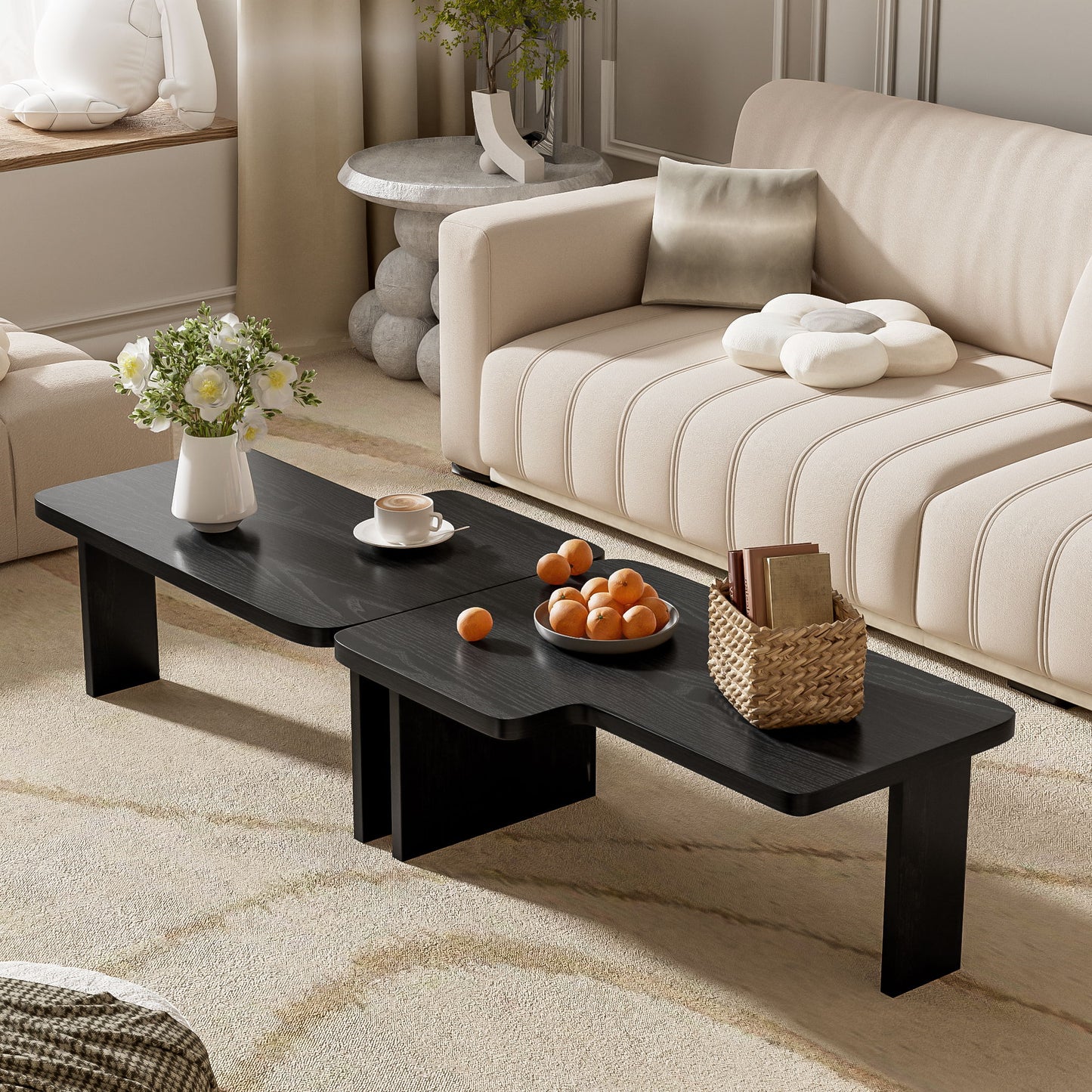 Modern Minimalist Coffee Table Set, Rectangle Coffee Table With Splicing Design, Multifunctional Combination Table For Living Room - Black