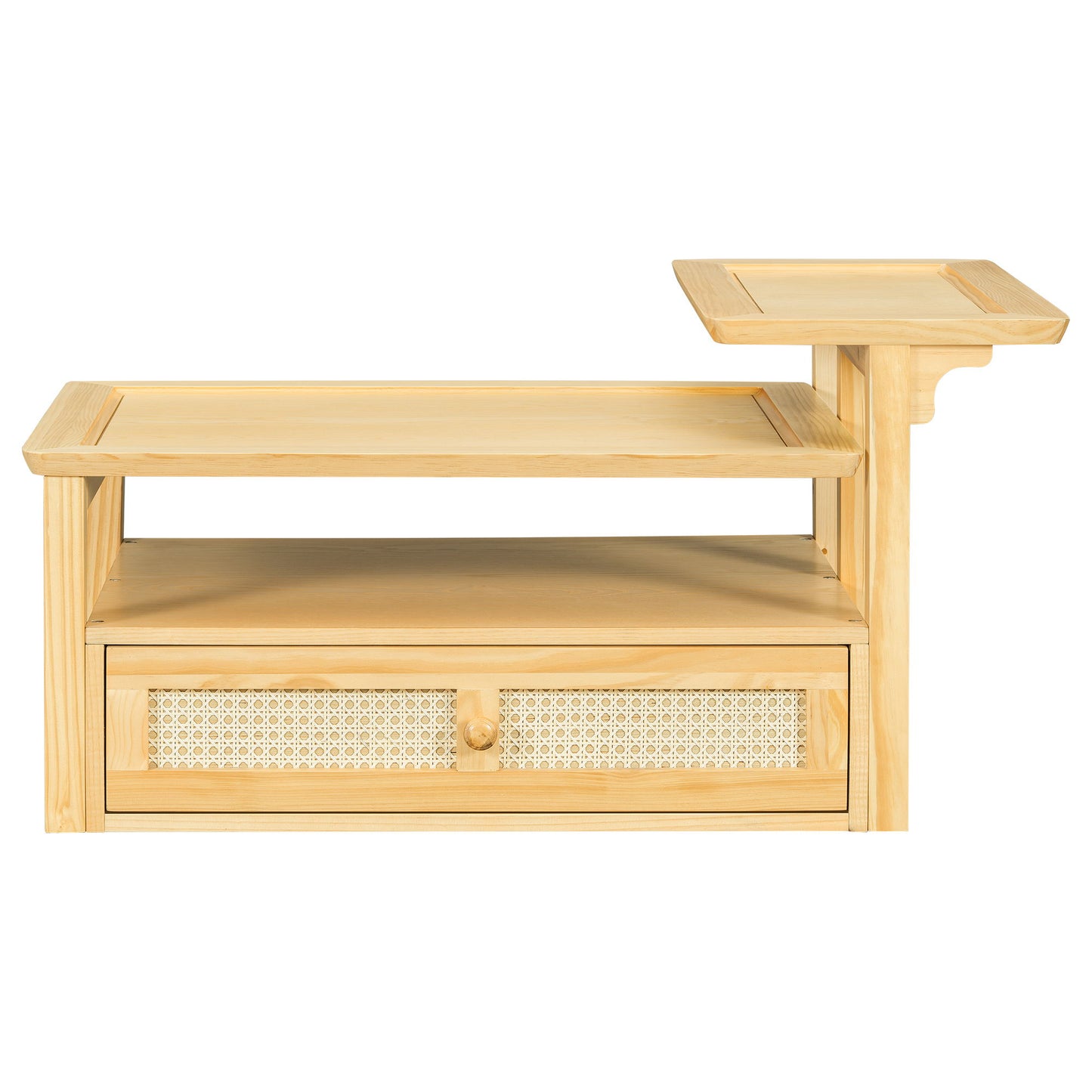 Modern Coffee Table, Coffee Table With 1 Storage Shelf, 2 Tabletops And 1 Rattan Drawer For Living Room - Natural