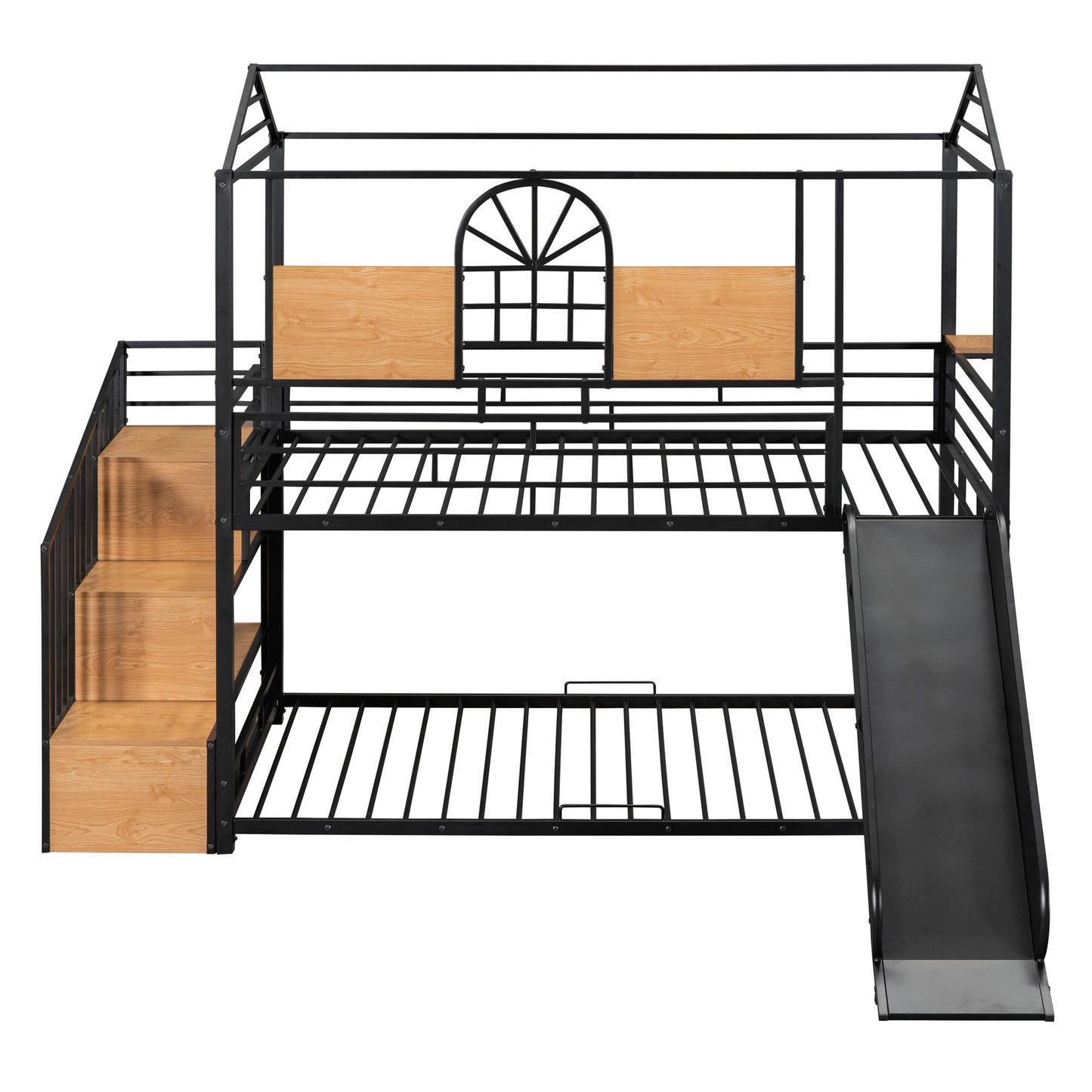 Twin Over Twin Bunk Bed, Housebed With Slide And Storage Stair - Black