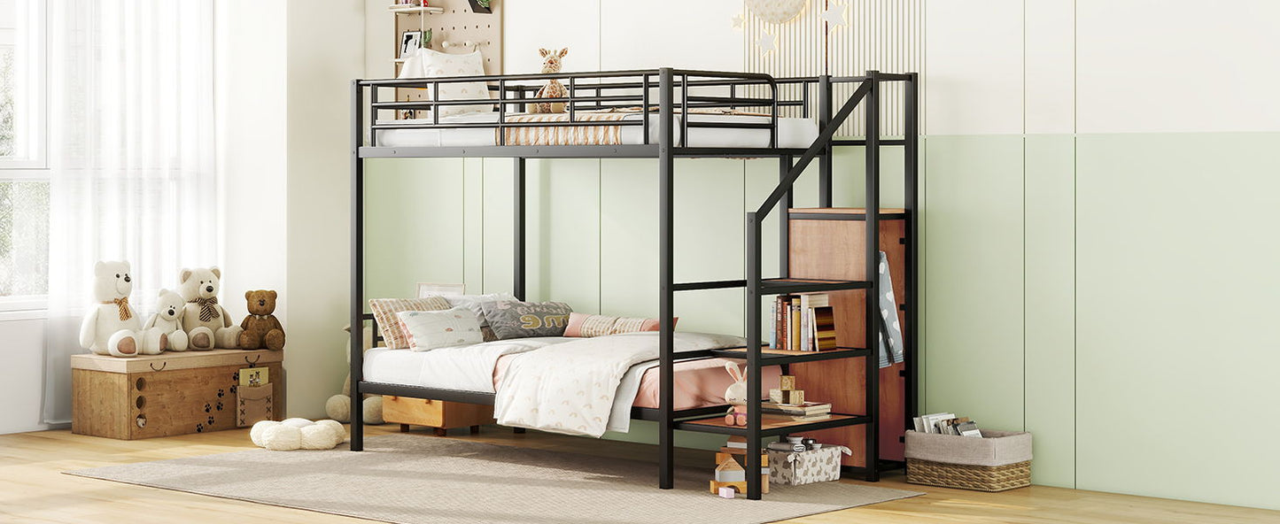 Twin Over Twin Metal Bunk Bed With Lateral Storage Ladder And Wardrobe - Black