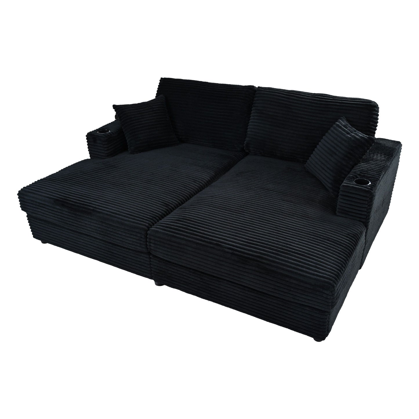 Oversized Loveseat Chaise Lounge Sectional Sofa Bed Corduroy Sleeper Sofa With 2 USB Ports, 2 Cup Holders And 2 Throw Pillows For Living Room And Bedroom - Black