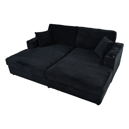 Oversized Loveseat Chaise Lounge Sectional Sofa Bed Corduroy Sleeper Sofa With 2 USB Ports, 2 Cup Holders And 2 Throw Pillows For Living Room And Bedroom - Black