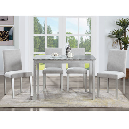5 Piece Wooden Dining Table Set, Kitchen Table Set With A Rectangular Table And 4 Upholstered Chairs, Wooden Dining Room Table With Crystal Decoration And Chairs Set - Silver Gray