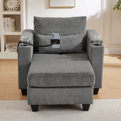 Convertible Chaise Lounge Sofa Chair Corduroy Sleeper With USB Ports, Cup Holders, Storage - Gray