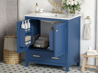Bathroom Vanity With Single Sink, Combo Cabinet Undermount Sink, Bathroom Storage Cabinet With 2 Doors And A Drawer, Soft Closing, Multifunctional Storage, Solid Wood Frame - Blue