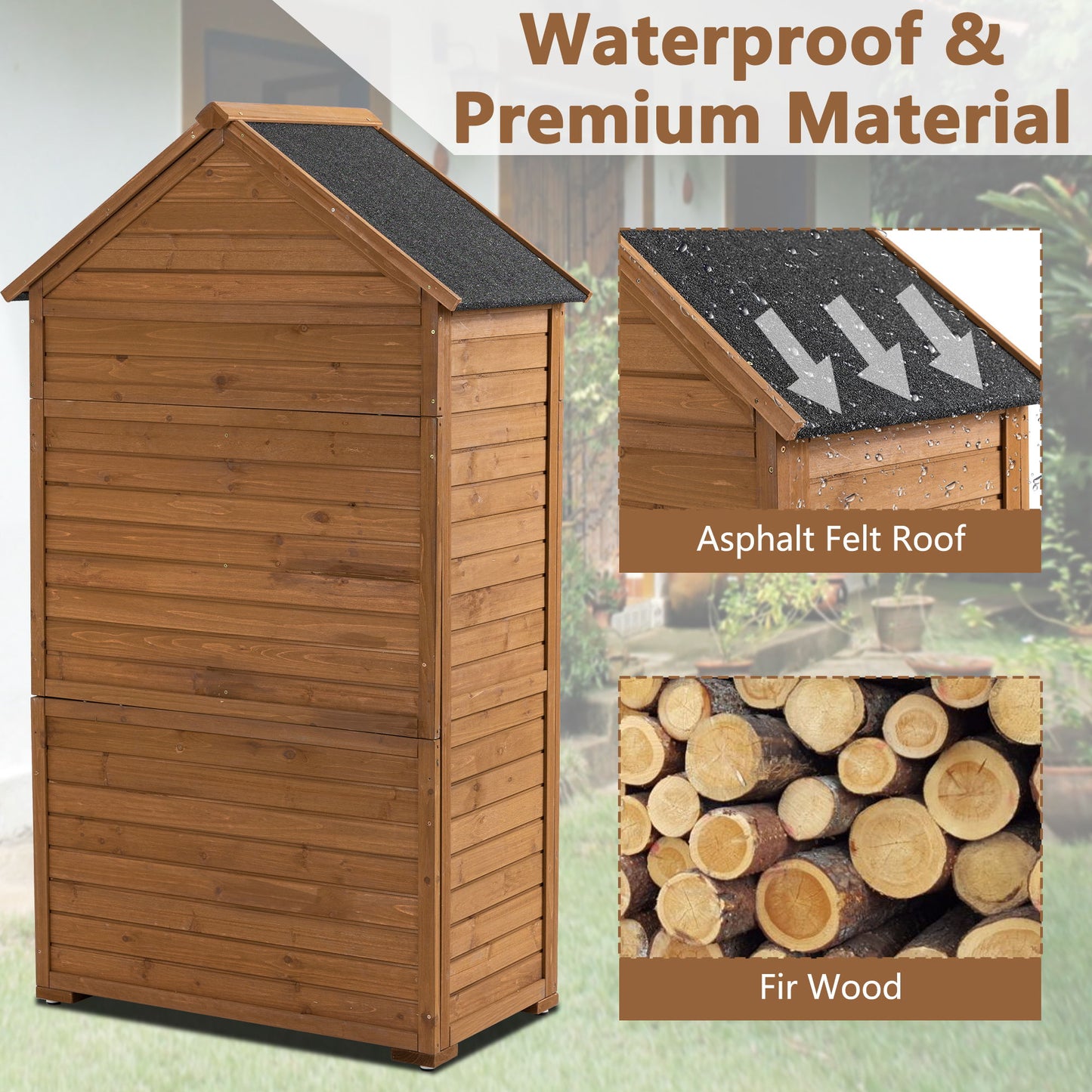 Outdoor Storage Cabinet, Garden Wood Tool Shed, Outside Wooden Shed Closet With Shelves And Latch For Yard - Light Brown