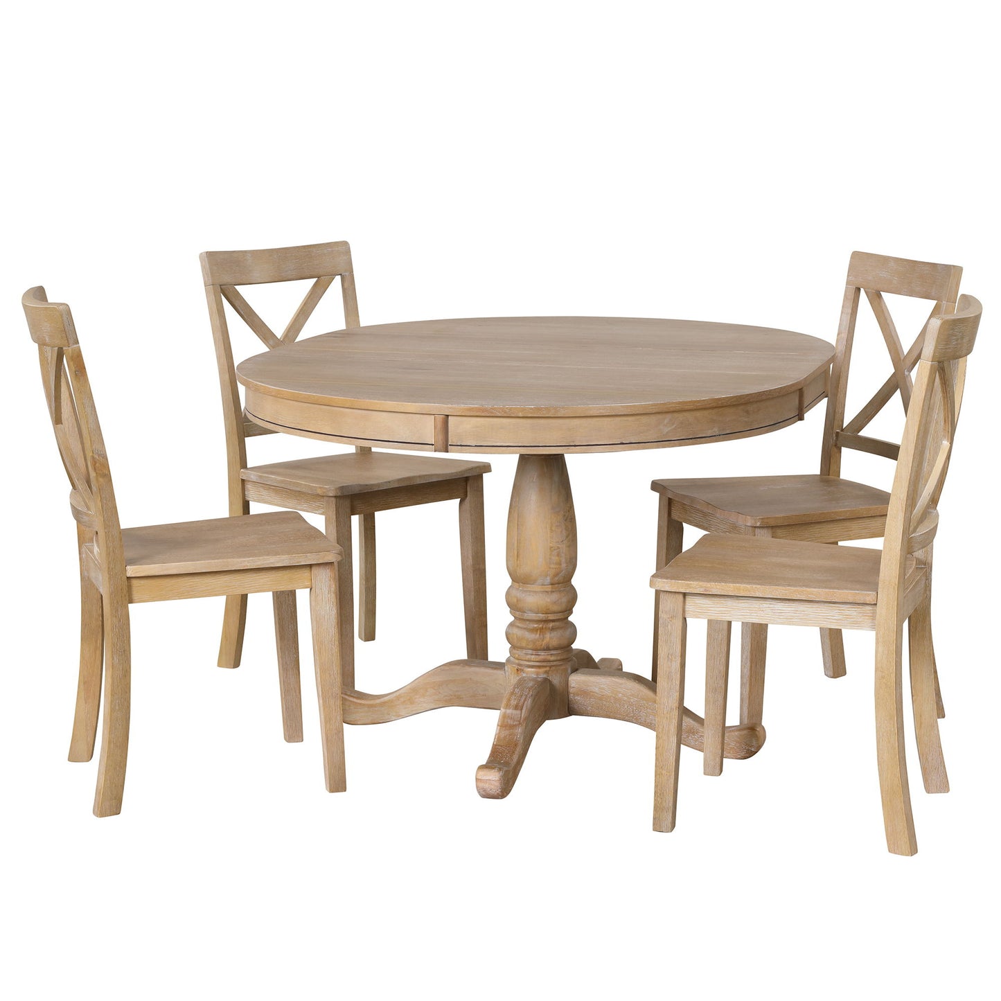 Modern Dining Table Set For 4, Round Table And 4 Kitchen Room Chairs, 5 Piece Kitchen Table Set For Dining Room, Dinette, Breakfast Nook - Natural Wood Wash