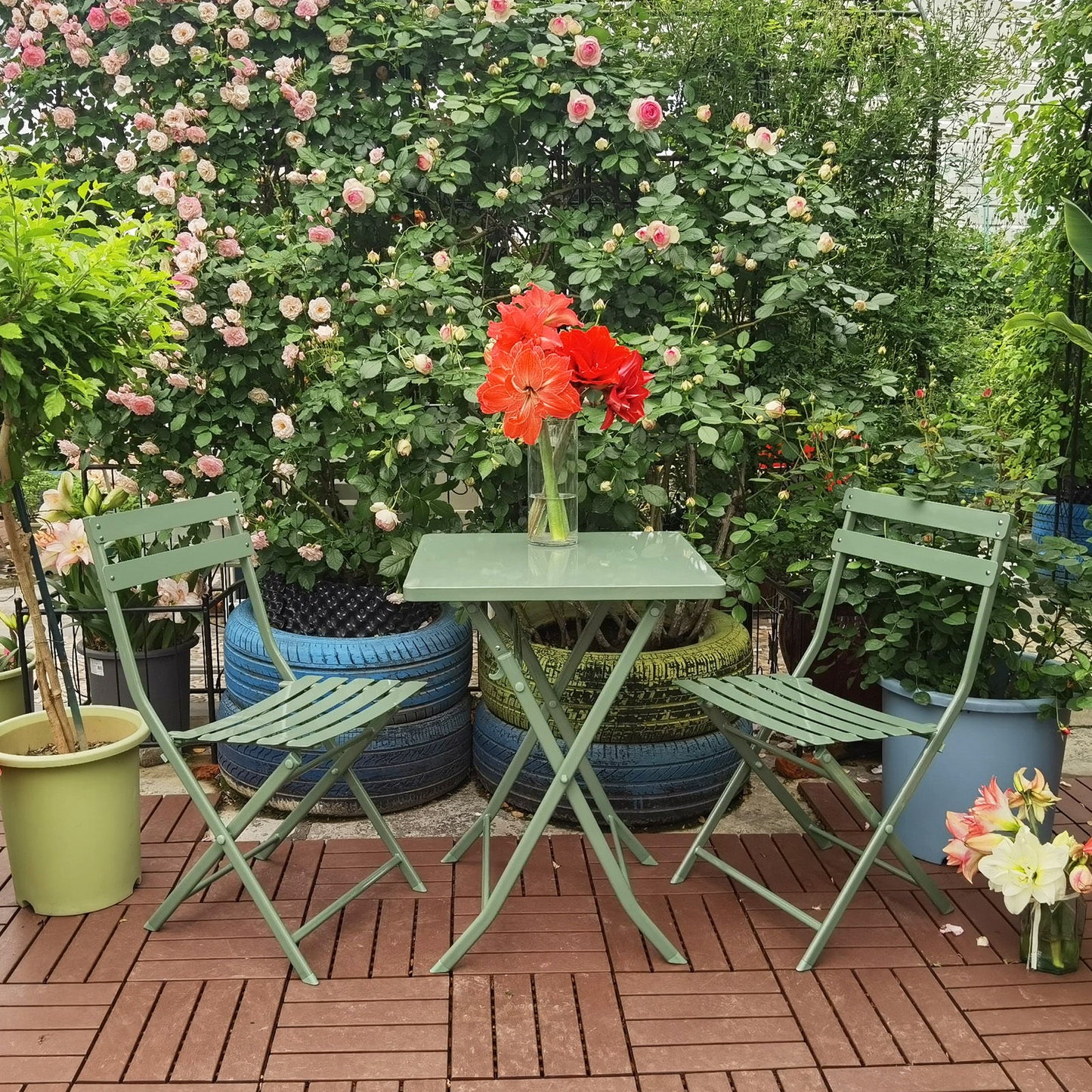 3 Piece Patio Bistro Set Of Foldable Squaretable And Chairs - Dark Green