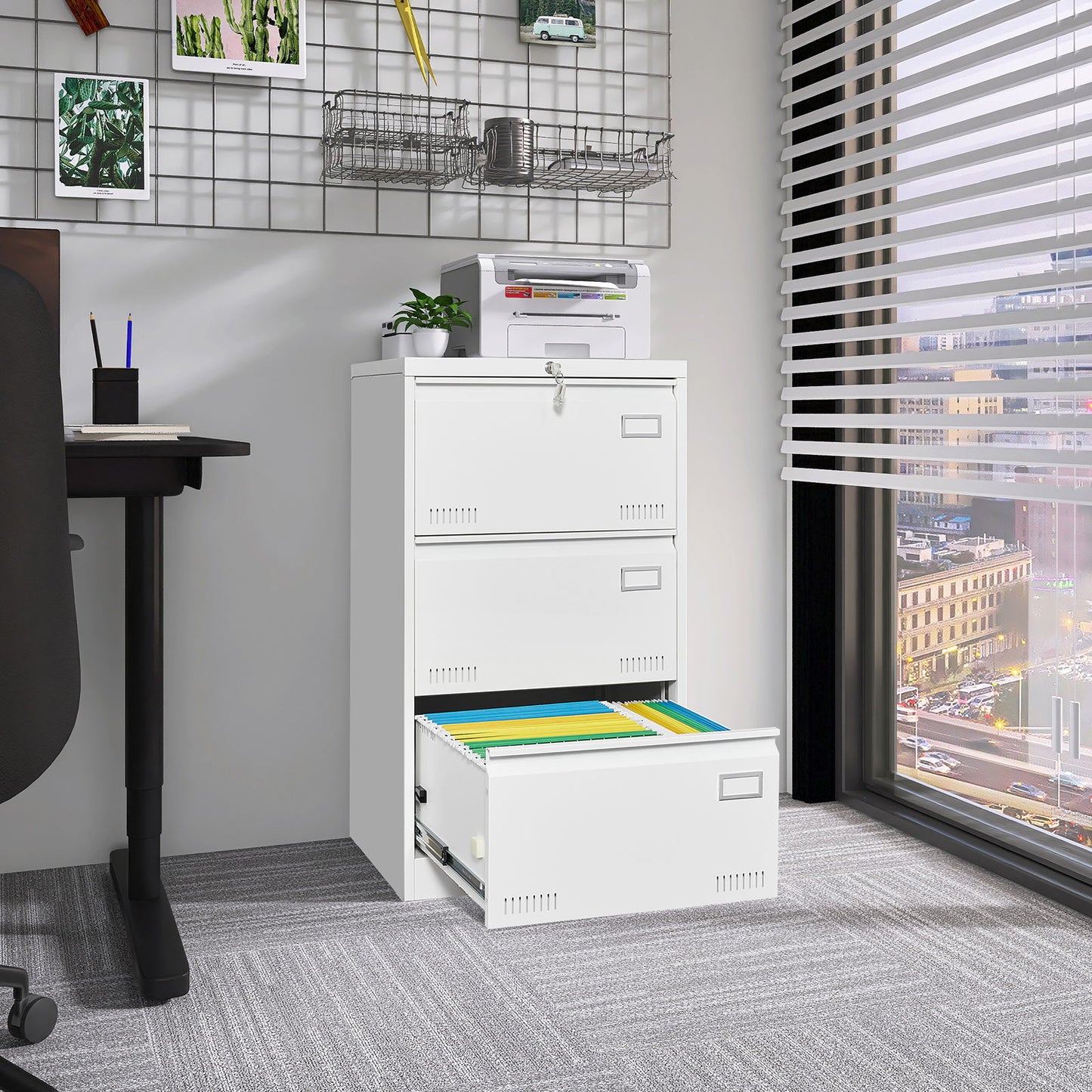 Filing Cabinet Lateral File Cabinet With Lock, 3 Drawer - White