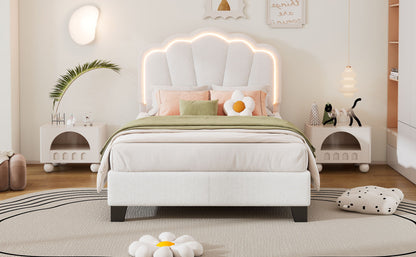 Twin Size Upholstered Flower-Shape Bed, Elegant Flowers Headboard With LED Light Strip, Sherpa Fabric Platform Bed With Slats Support - White