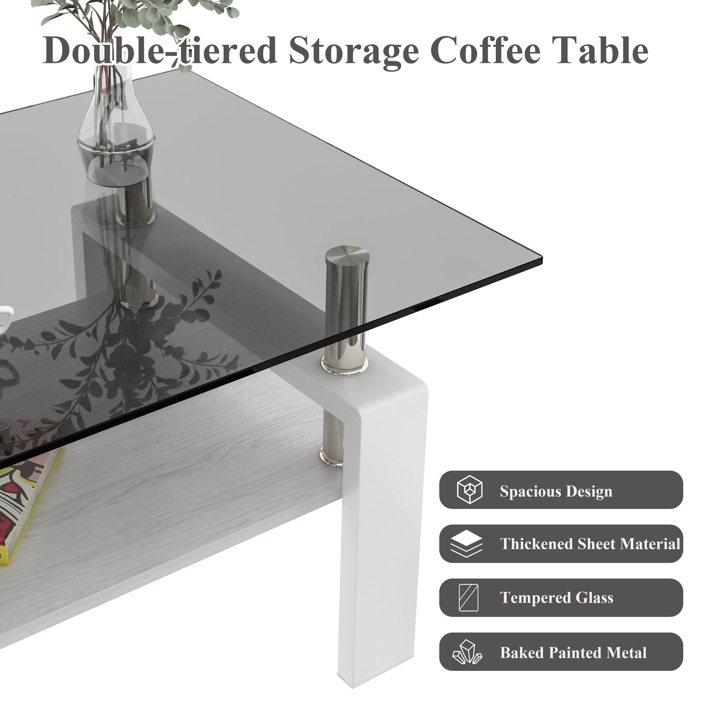Modern Rectangular Coffee Table With Tempered Glass Top Layer, Table For Living Room - Gray