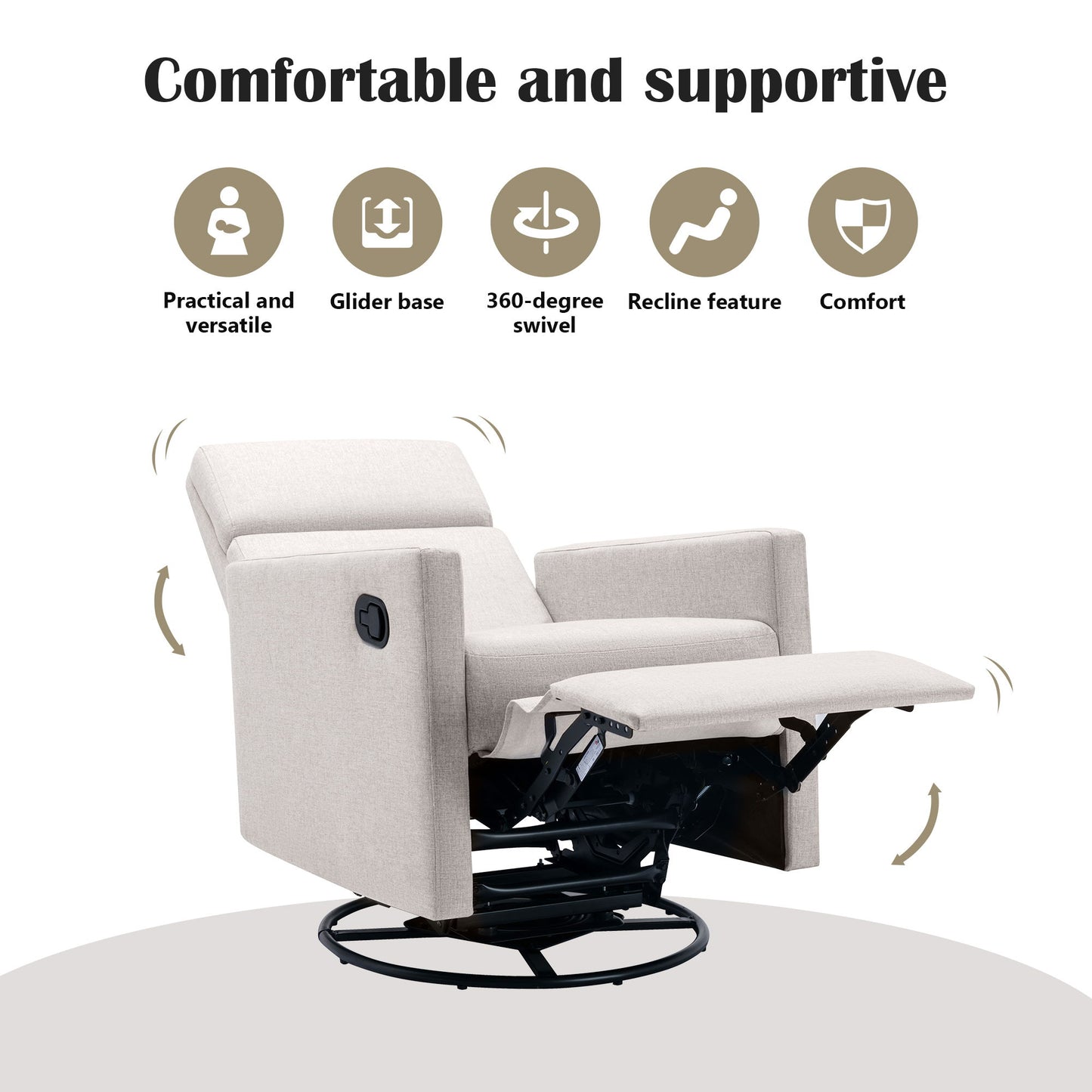Modern Upholstered Rocker Nursery Chair Plush Seating Glider Swivel Recliner Chair - Tan