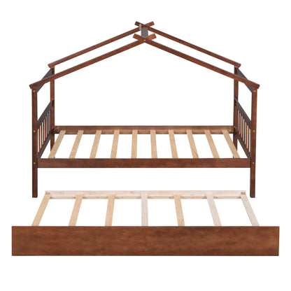 Twin Size House Bed With Twin Size Trundle - Walnut