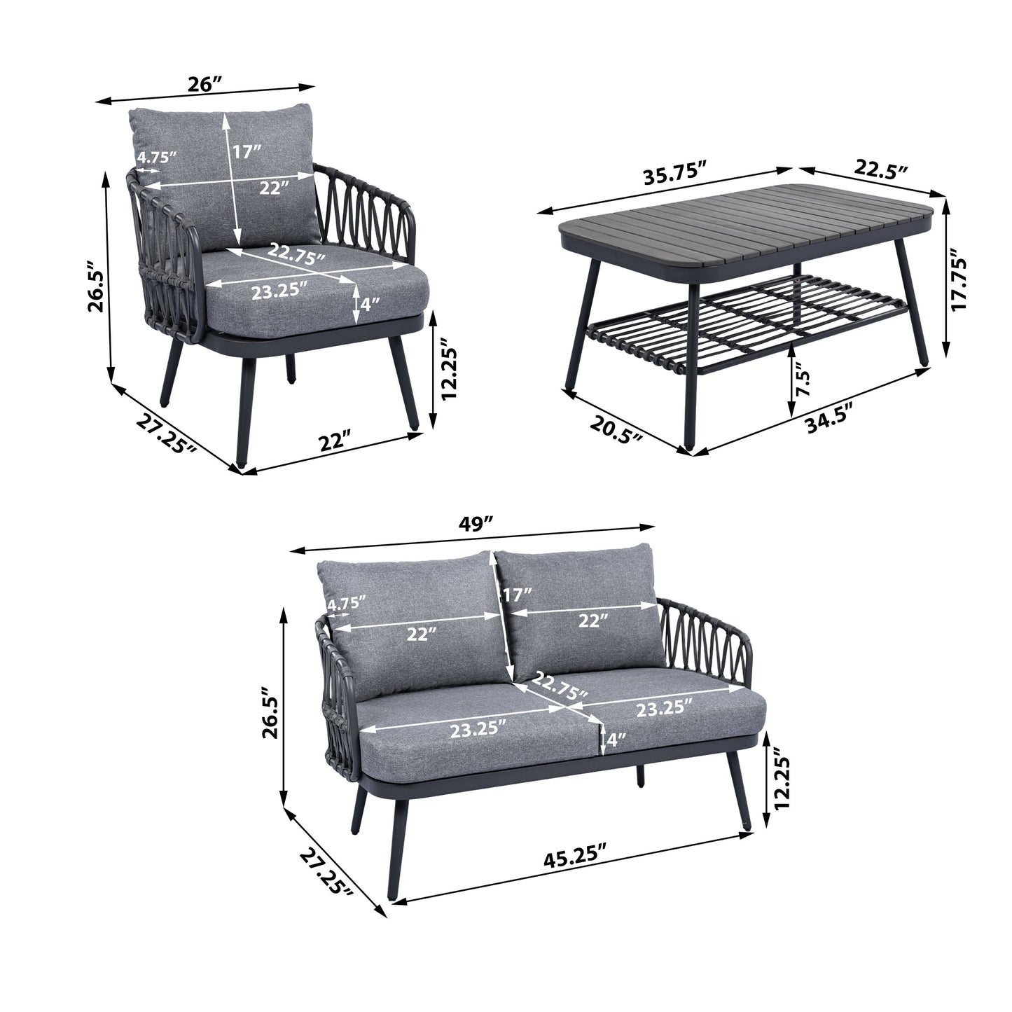 4 Piece Outdoor Patio Furniture Set, Metal Chairs With Woven Rope U Shaped Backrest, Outdoor Conversation Set With Thick Cushions And Coffee Table For Garden, Poolside, Balcony - Black / Gray