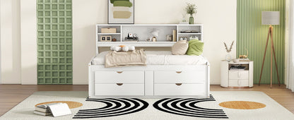 Full Size Daybed With 2 Bedside Cabinets, Upper Shelves And 4 Drawers - White