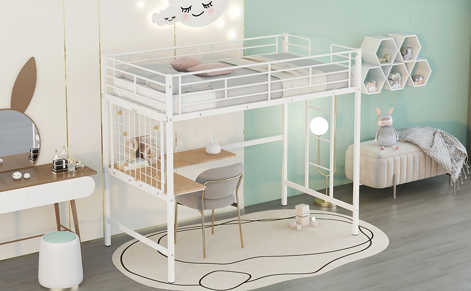 Twin Loft Bed With Desk And Grid - White