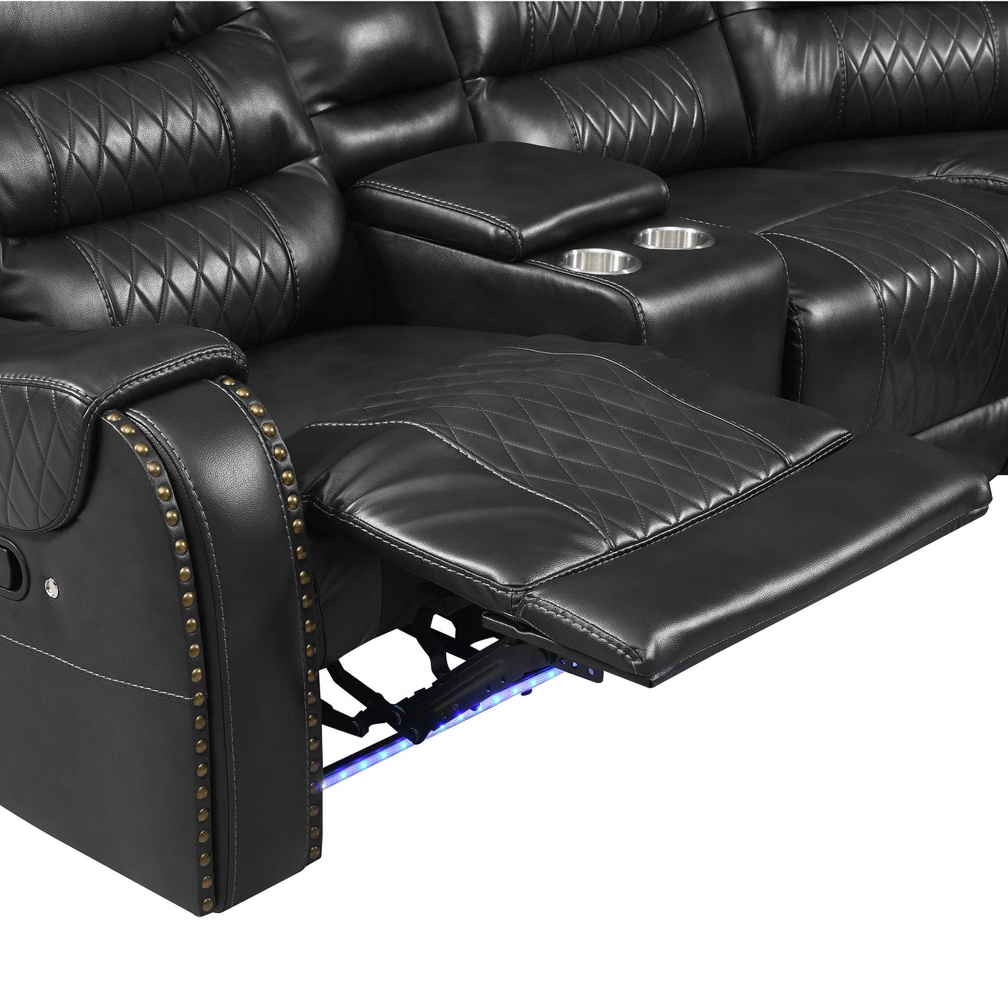Manual Reclining Sectional Sofa Set L Shaped Symmetrical Motion Sofa Corner Couch Sets With Storage Boxes, 4 Cup Holders And LED Light Strip For Living Room - Black