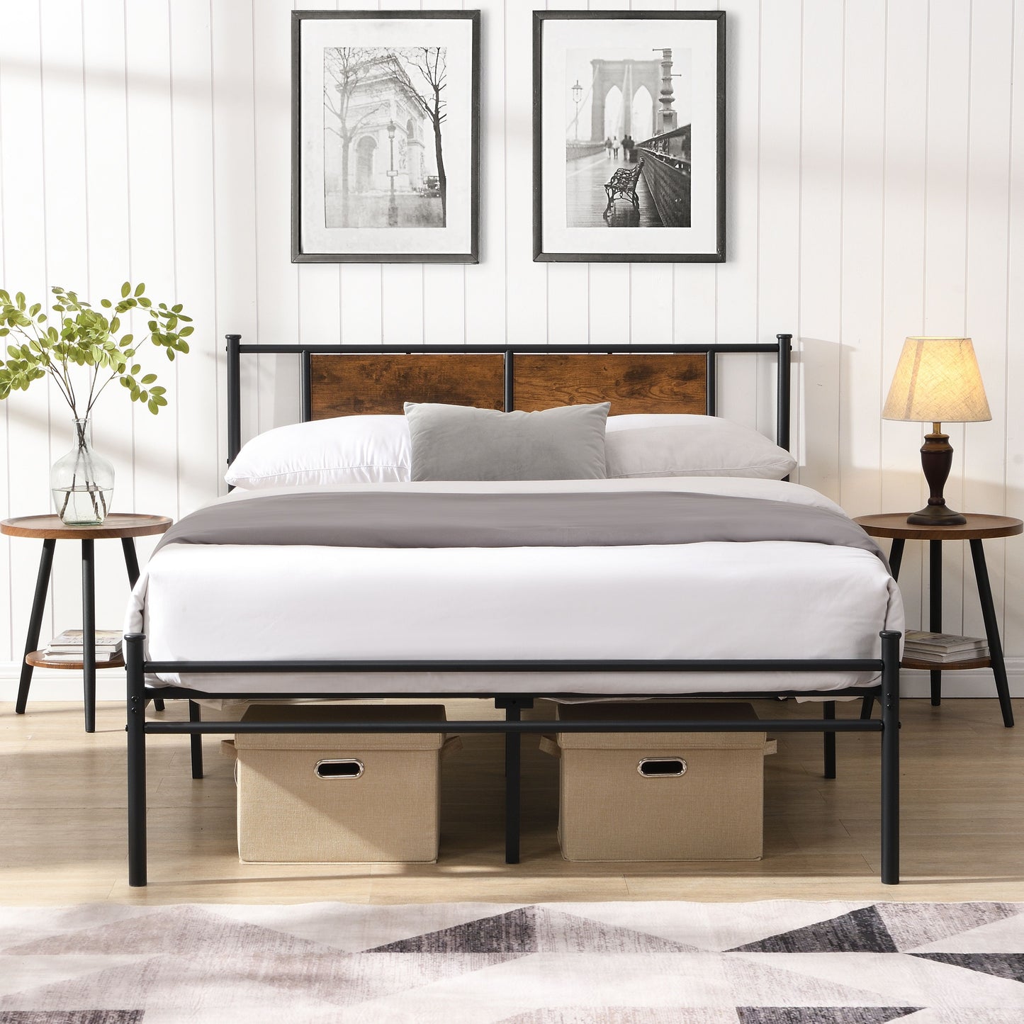 Queen Size Modern Metal Bedframe With Headboard, Durable Steel Structure - Black / Brown