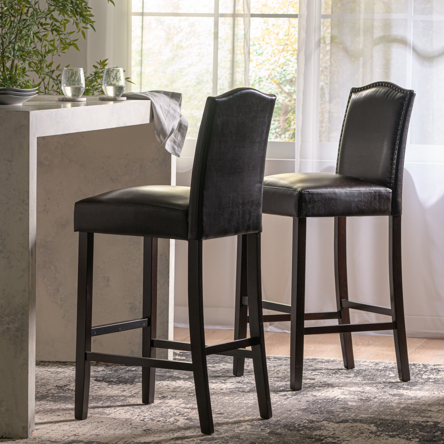 Bar Stools (Set of 2), Upholstered Barstools Armless, Rubber Wood Leg - Brown