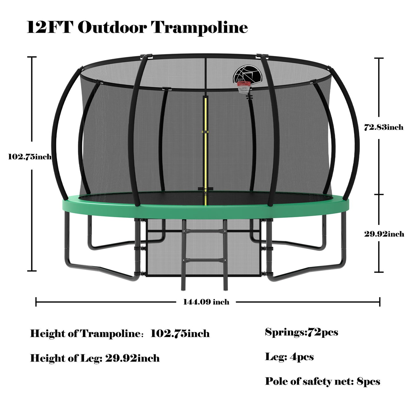 12Ft Recreational Kids Trampoline With Safety Enclosure Net & Ladder, Outdoor Recreational Trampolines - Green