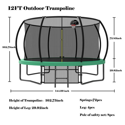 12Ft Recreational Kids Trampoline With Safety Enclosure Net & Ladder, Outdoor Recreational Trampolines - Green