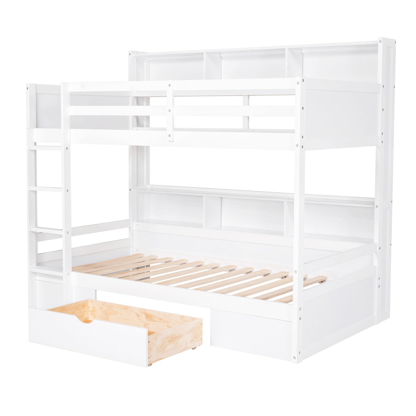 Twin Size Bunk Bed With Built-In Shelves Beside Both Upper And Down Bed And Storage Drawer - White