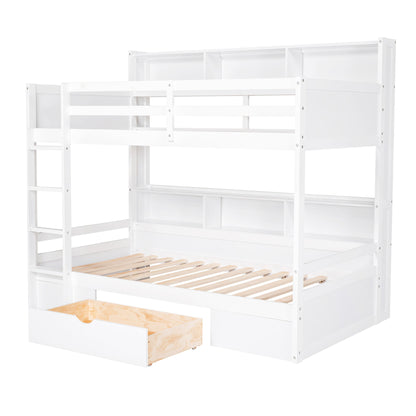 Twin Size Bunk Bed With Built-In Shelves Beside Both Upper And Down Bed And Storage Drawer - White