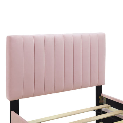 Twin Size Upholstered Platform Bed With Twin Size Trundle - Pink