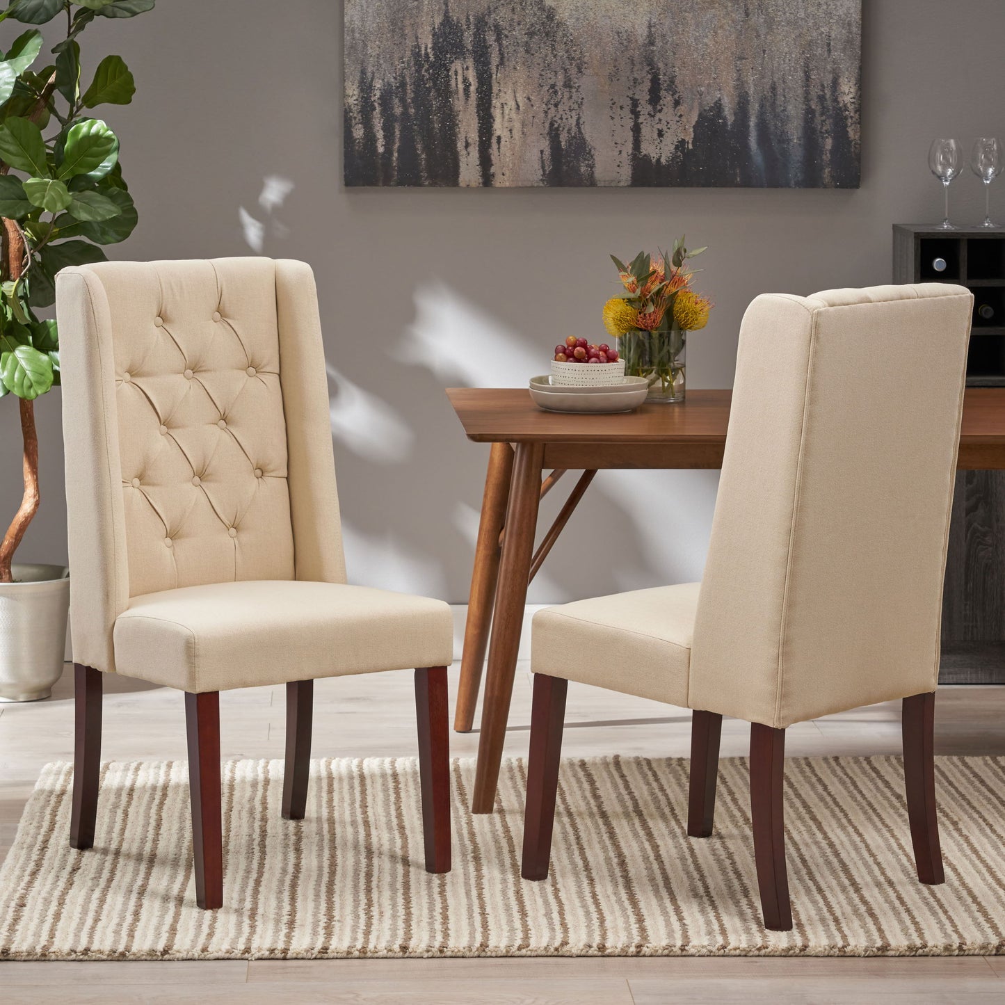 Sophisticated Tufted Dining Chairs (Set of 2) With High Back And Birch Wood Legs - Beige
