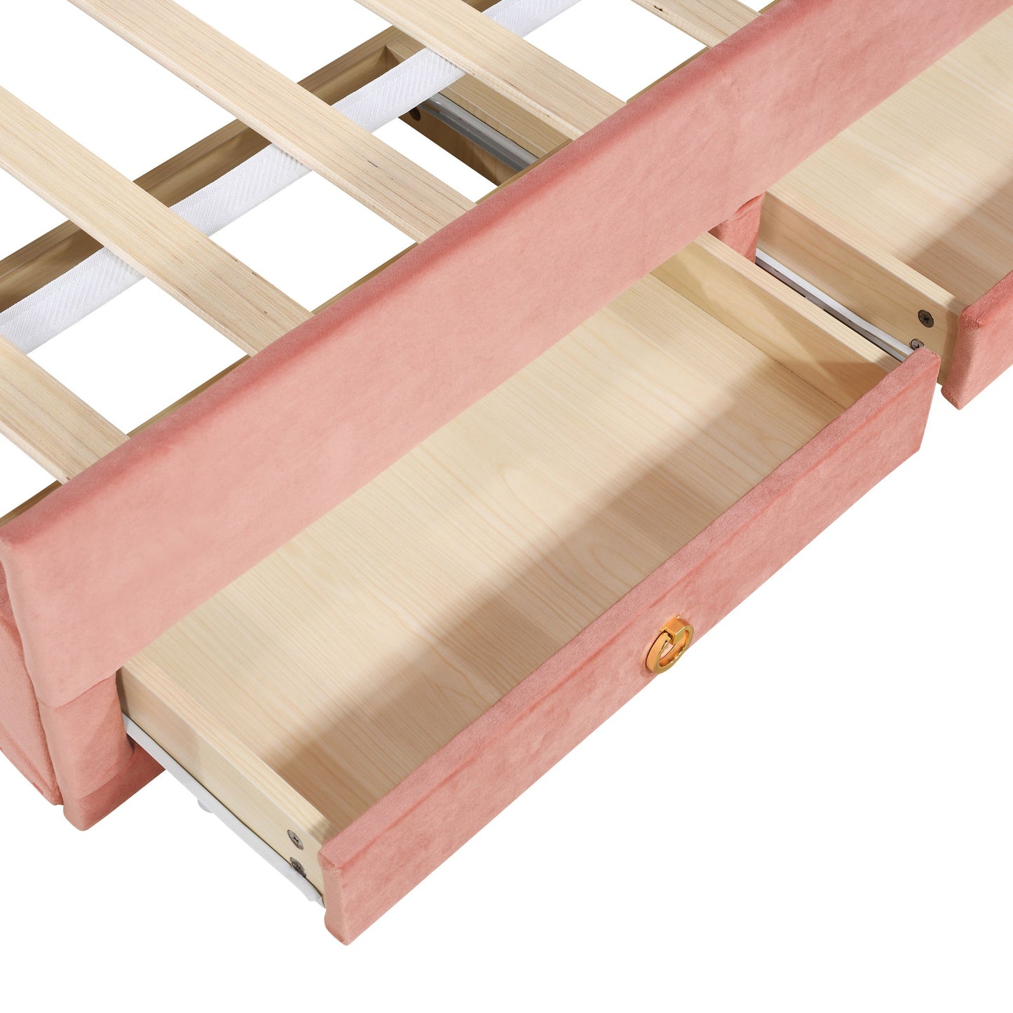 Full Size Upholstered Platform Bed With Trundle And 3 Drawers, Rabbit-Shaped Headboard With Embedded LED Lights - Pink