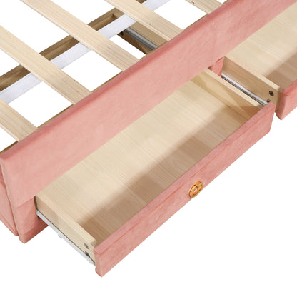 Full Size Upholstered Platform Bed With Trundle And 3 Drawers, Rabbit-Shaped Headboard With Embedded LED Lights - Pink