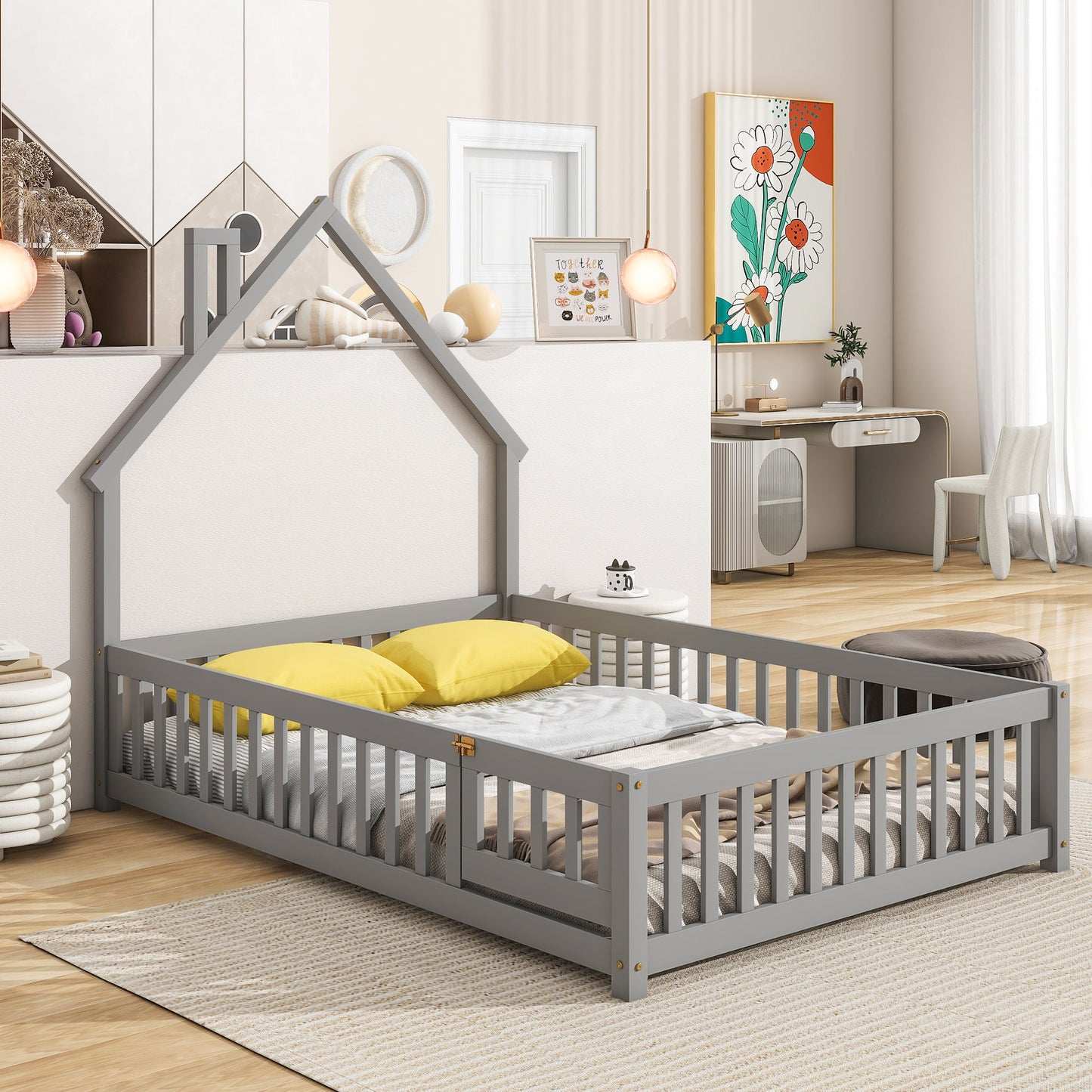 Full House-Shaped Headboard Floor Bed With Fence - Gray