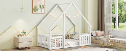 Twin Wood House-Shaped Floor Bed With Fence, Guardrails - White