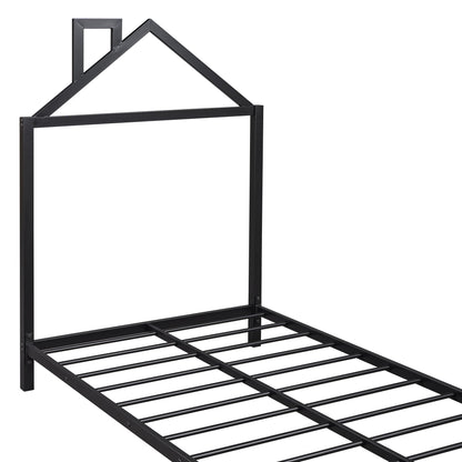 Twin Size Platform Bed With House-Shaped Headboard Design - Black