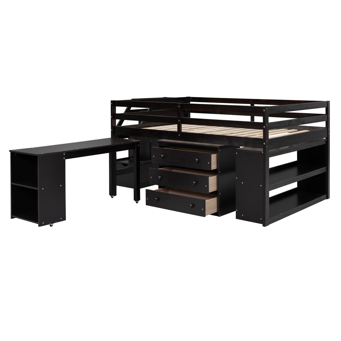 Full Size Loft Bed With Retractable Writing Desk And 3 Drawers With Storage Stairs And Shelves - Espresso